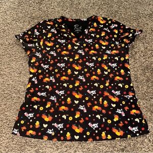 Short Sleeve Black Scrub Top with Vibrant Farm animal pumpkin Print